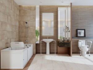Photograph of a bathroom with various safety updates, like a walk-in tub with a shower chair and a handheld showerhead, grab bars around the sink, and a raised toilet seat with grab bars.