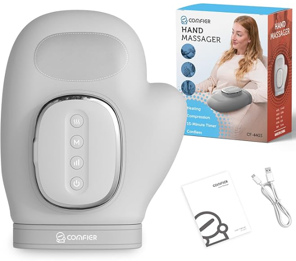 Product image of a cordless hand massager showing the glove-like product with power and function buttons on the top of the product, along with an image of the user manual, charging cable, and product box.
