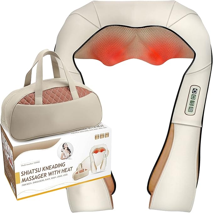 Product image of back and neck massager device, carrying bad, and product packaging.