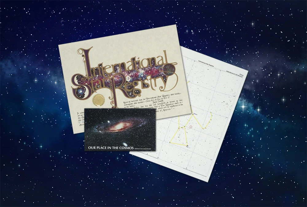Image of an International Star Registry certificate, a star chart, and a catalog book called Our Place in the Cosmos.