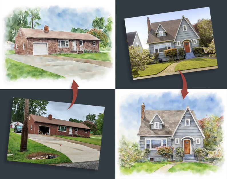 Product image for house portrait showing photos of two houses and watercolor-style portraits of those houses.
