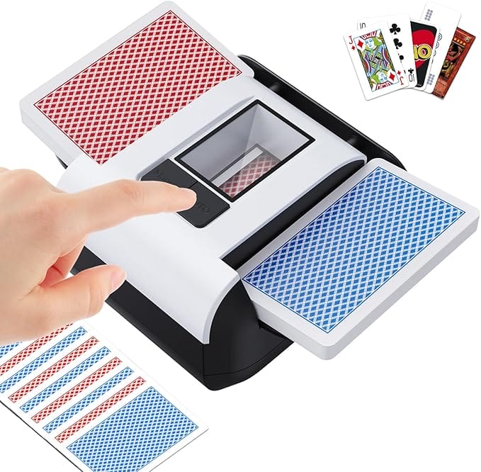 Product image of a hand using the automatic card shuffler, which sorts two different piles of cards into one.