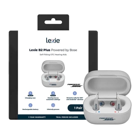 Lexie B2 hearing aids in case