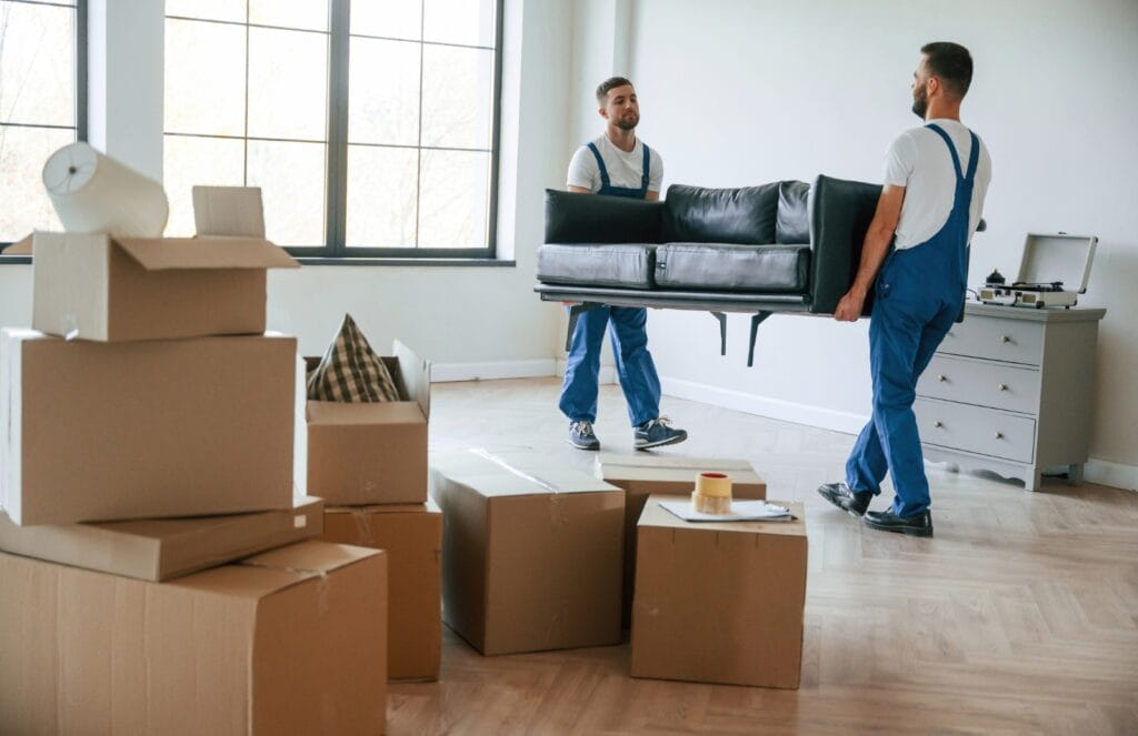 Two men carry a couch out of a room. There is a pile of boxes in the foreground.