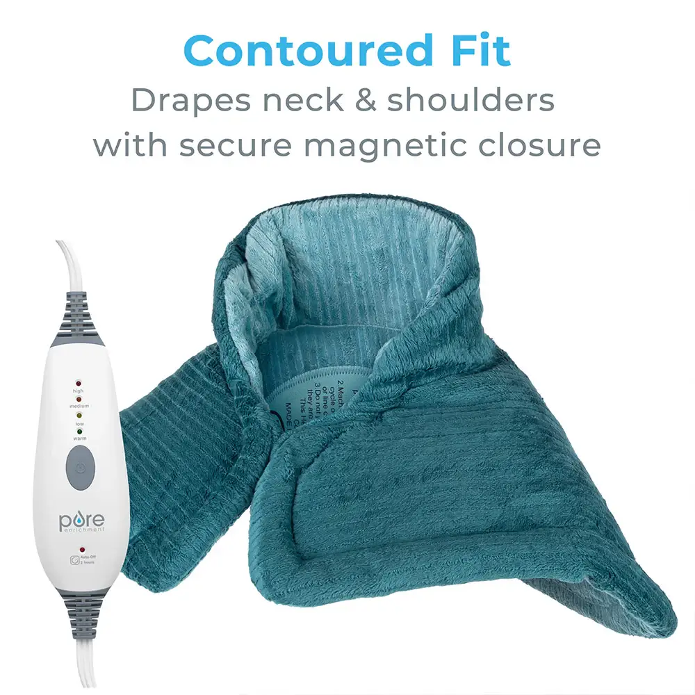 Product image of the PureReliefR Neck Shoulder Heating Pad. The product is a heating pad made of soft material wraps around the neck and shoulders and has a cord that plugs into a power source. Cord has an on and off switch.