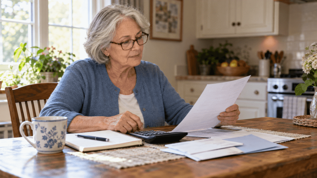 Older woman with glasses reviewing Social Security and Medicare paperwork with a calculator at her kitchen table.